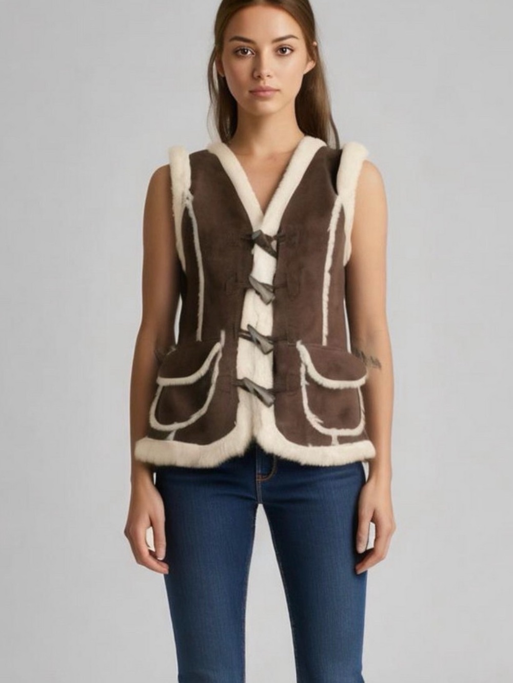 Vero Moda Faux Suede Shearling Vest Brown Cream Small